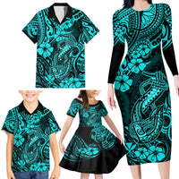 Hawaii Fish Hook Family Matching Long Sleeve Bodycon Dress and Hawaiian Shirt Hibiscus Hawaii Tribal Tattoo Turquoise Version LT01 - Polynesian Pride