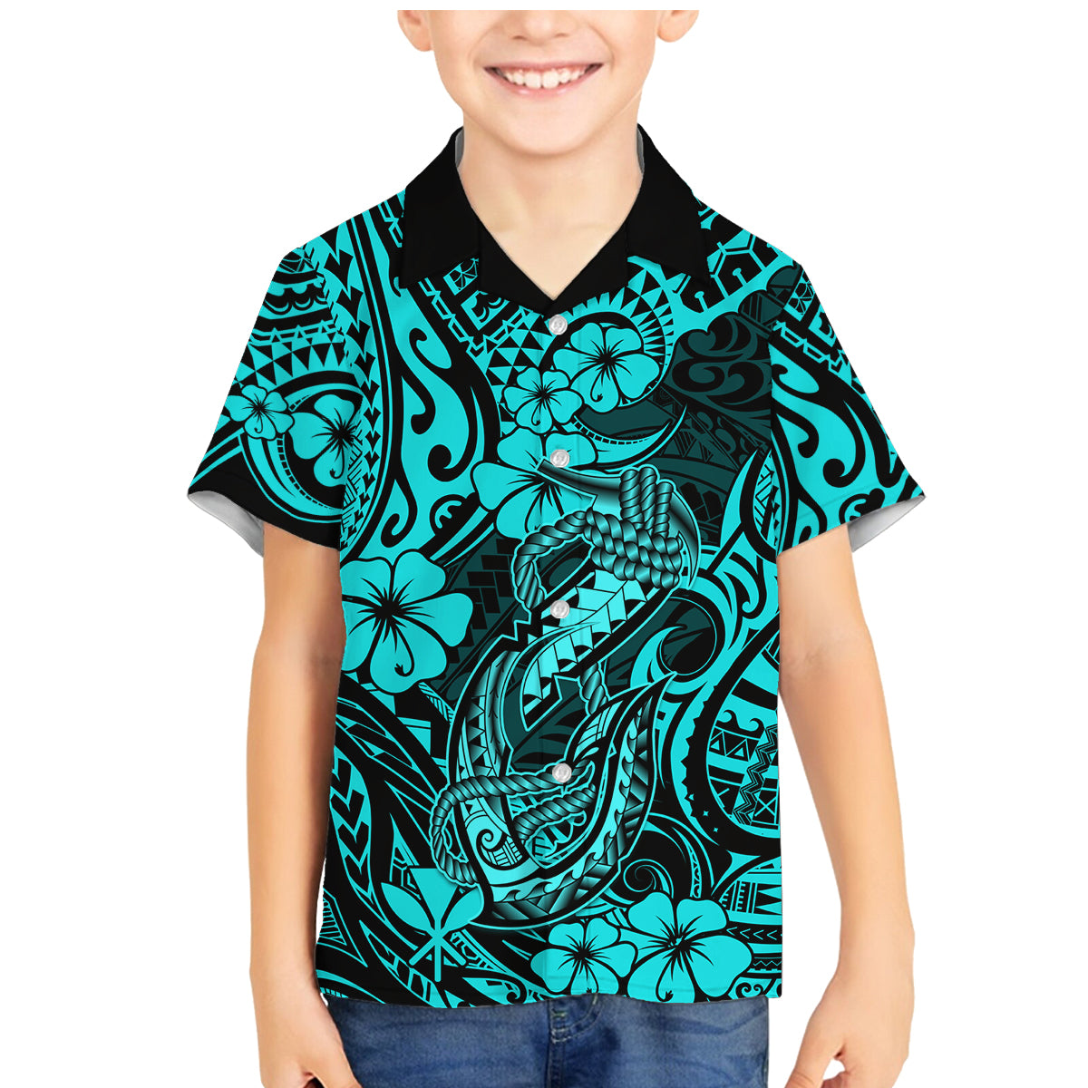 Hawaii Fish Hook Family Matching Mermaid Dress and Hawaiian Shirt Hibiscus Hawaii Tribal Tattoo Turquoise Version LT01 Son's Shirt Turquoise - Polynesian Pride