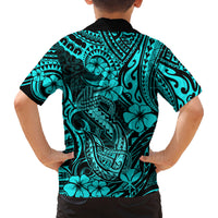 Hawaii Fish Hook Family Matching Off Shoulder Long Sleeve Dress and Hawaiian Shirt Hibiscus Hawaii Tribal Tattoo Turquoise Version LT01 - Polynesian Pride