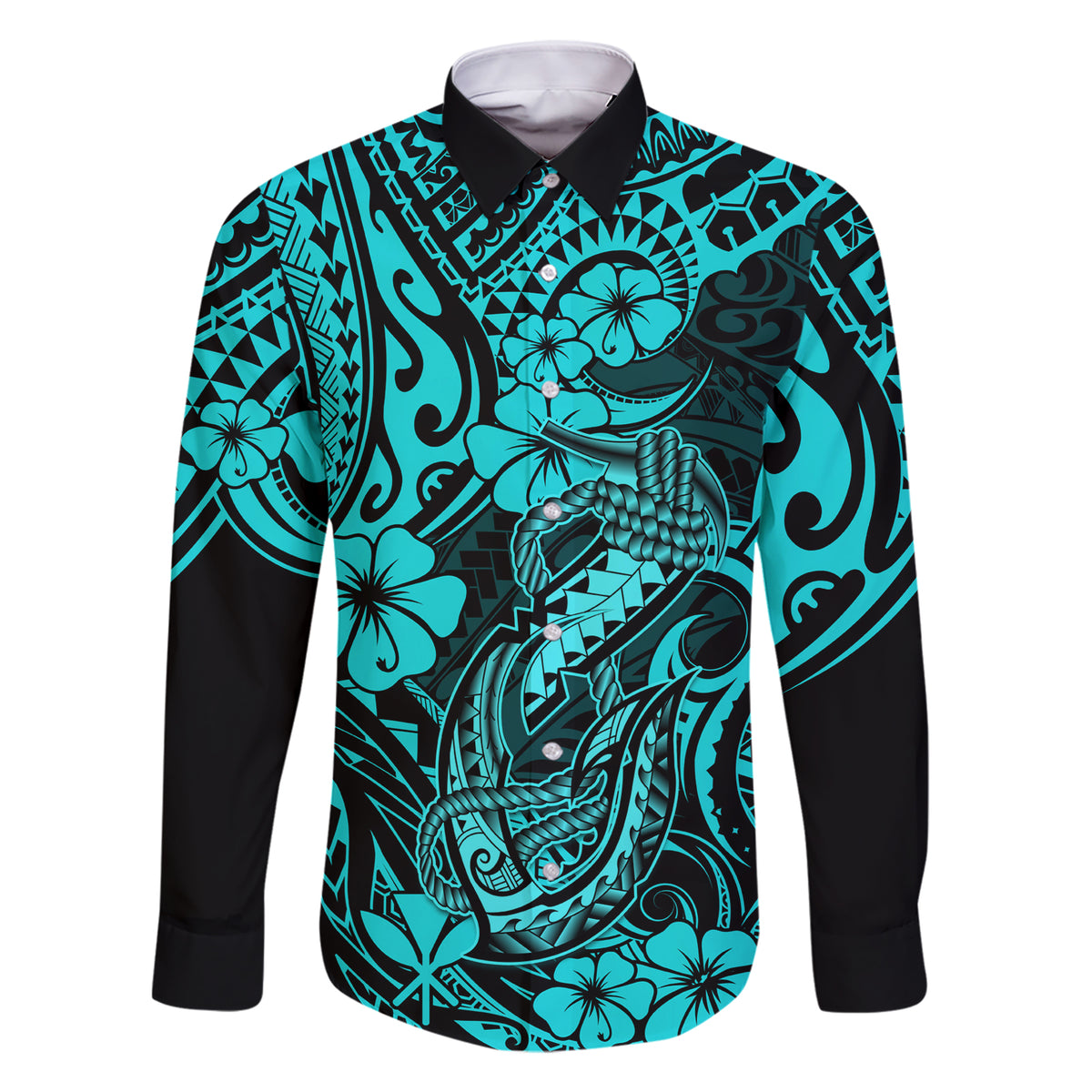 Hawaii Fish Hook Family Matching Short Sleeve Bodycon Dress and Hawaiian Shirt Hibiscus Hawaii Tribal Tattoo Turquoise Version LT01 Dad's Shirt - Long Sleeve Turquoise - Polynesian Pride