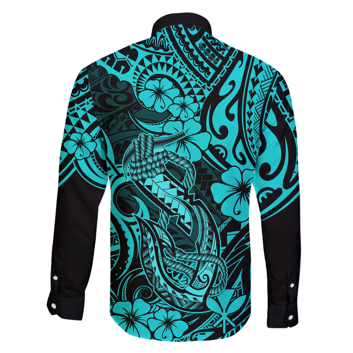 Hawaii Fish Hook Family Matching Short Sleeve Bodycon Dress and Hawaiian Shirt Hibiscus Hawaii Tribal Tattoo Turquoise Version LT01 - Polynesian Pride