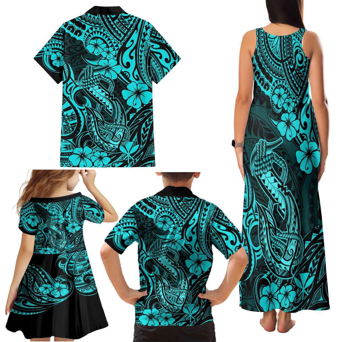 Hawaii Fish Hook Family Matching Tank Maxi Dress and Hawaiian Shirt Hibiscus Hawaii Tribal Tattoo Turquoise Version LT01 - Polynesian Pride