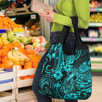 Hawaii Fish Hook Grocery Bag Hibiscus Hawaii Tribal Tattoo Turquoise Version