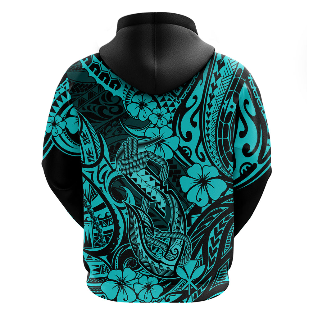 Hawaii Fish Hook Hoodie Hibiscus Hawaii Tribal Tattoo Turquoise Version LT01 - Polynesian Pride