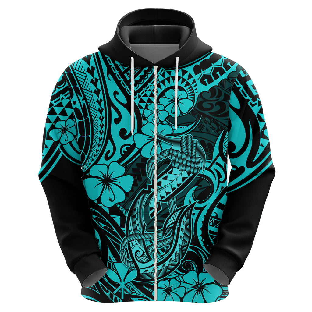 Hawaii Fish Hook Hoodie Hibiscus Hawaii Tribal Tattoo Turquoise Version LT01 - Polynesian Pride