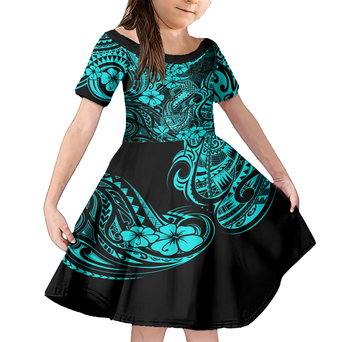 Hawaii Fish Hook Kid Short Sleeve Dress Hibiscus Hawaii Tribal Tattoo Turquoise Version LT01 KID Turquoise - Polynesian Pride