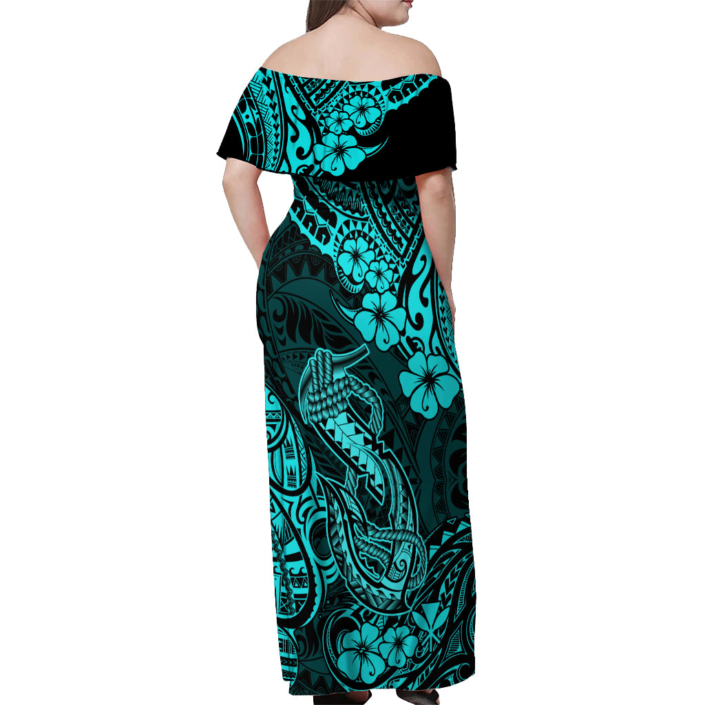 Hawaii Fish Hook Off Shoulder Maxi Dress Hibiscus Hawaii Tribal Tattoo Turquoise Version LT01 - Polynesian Pride