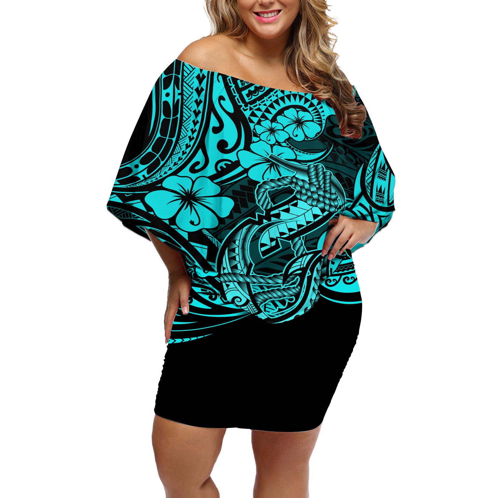 Hawaii Fish Hook Off Shoulder Short Dress Hibiscus Hawaii Tribal Tattoo Turquoise Version LT01 Women Turquoise - Polynesian Pride