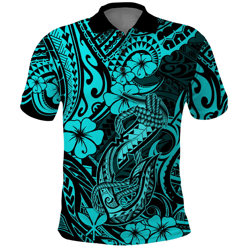 Hawaii Fish Hook Polo Shirt Hibiscus Hawaii Tribal Tattoo Turquoise Version LT01 Turquoise - Polynesian Pride