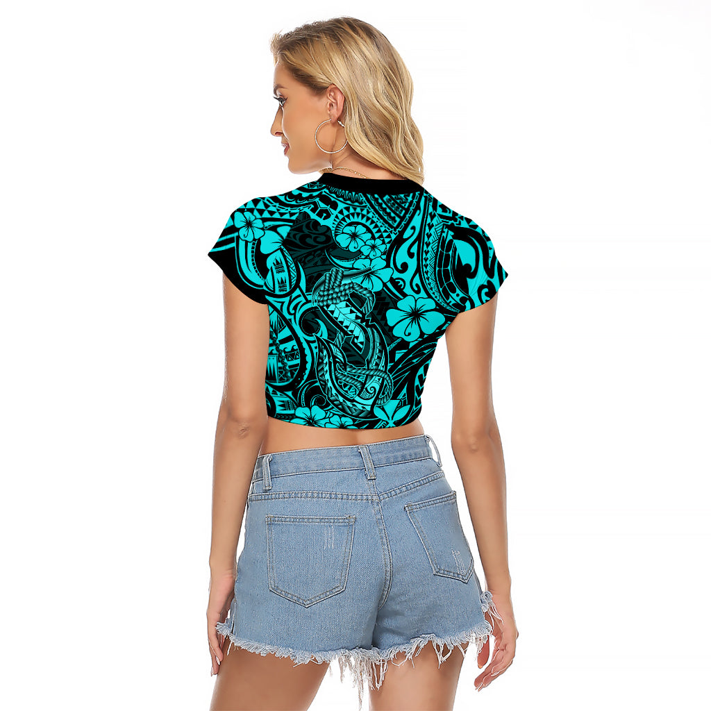 Hawaii Fish Hook Raglan Cropped T Shirt Hibiscus Hawaii Tribal Tattoo Turquoise Version LT01 - Polynesian Pride