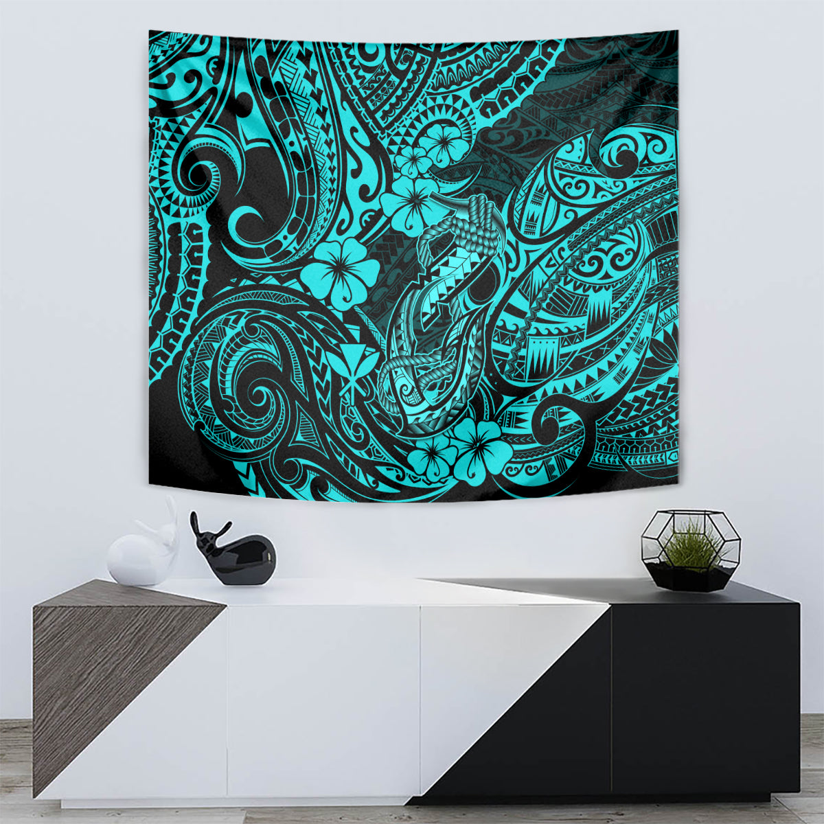 Hawaii Fish Hook Tapestry Hibiscus Hawaii Tribal Tattoo Turquoise Version LT01 - Polynesian Pride