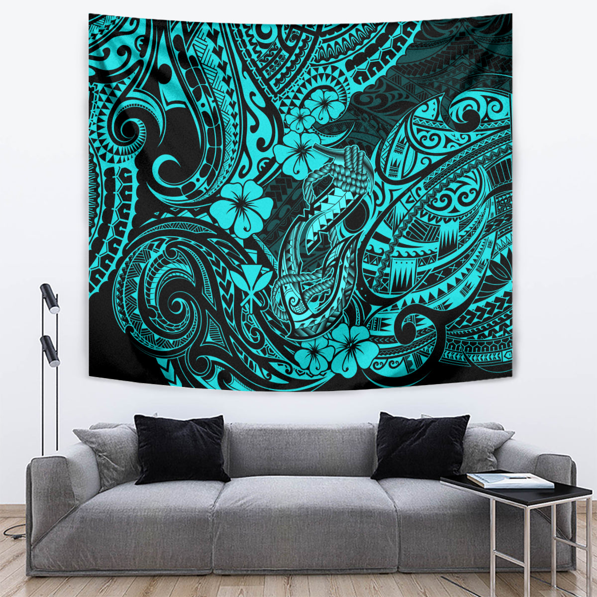 Hawaii Fish Hook Tapestry Hibiscus Hawaii Tribal Tattoo Turquoise Version LT01 - Polynesian Pride