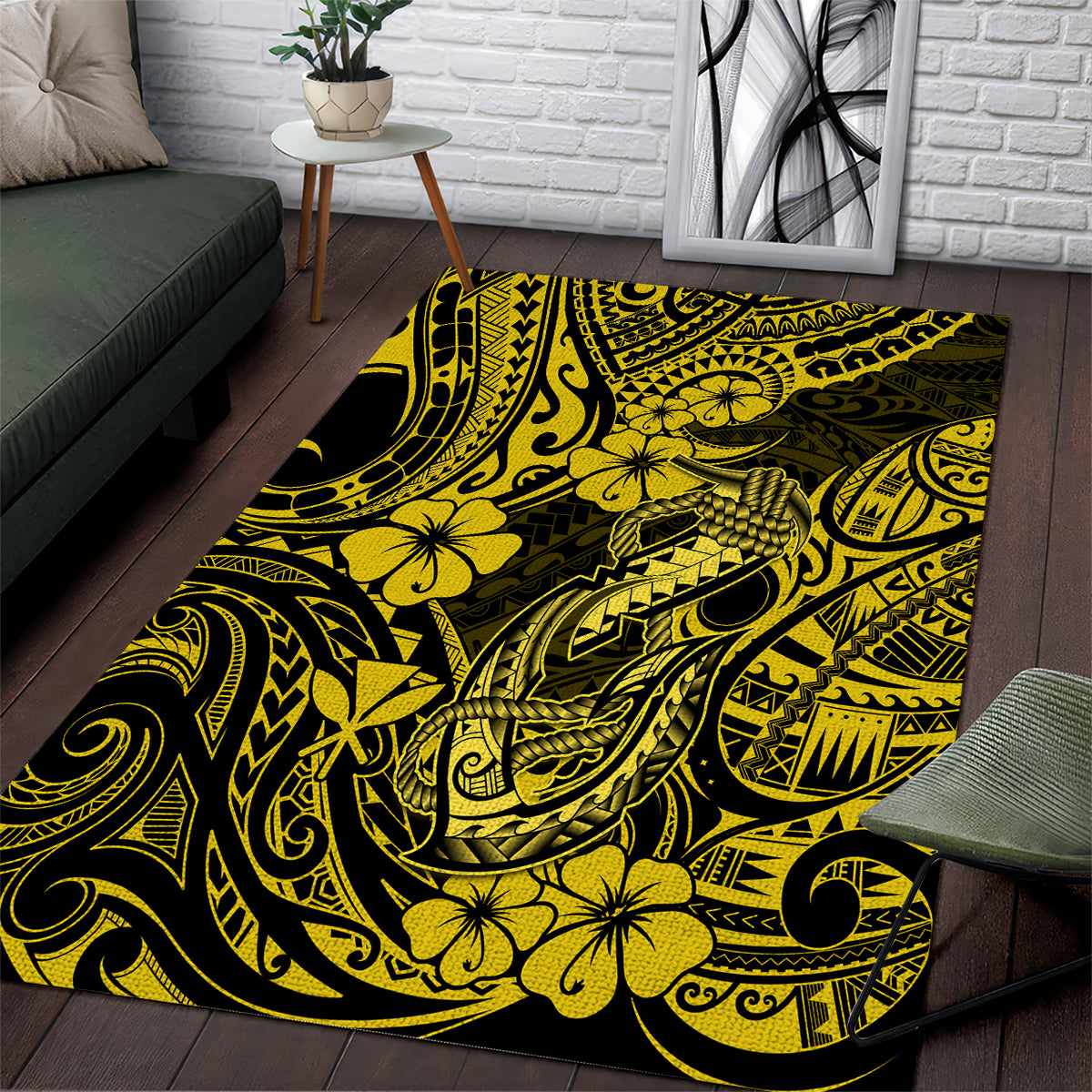 Hawaii Fish Hook Area Rug Hibiscus Hawaii Tribal Tattoo Yellow Version LT01 Yellow - Polynesian Pride