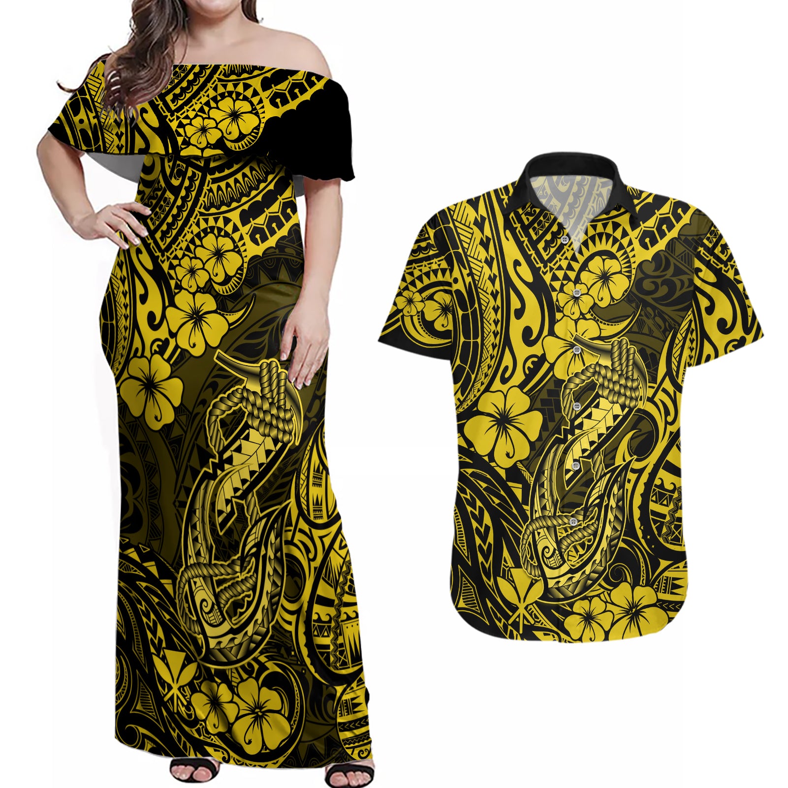 Hawaii Fish Hook Couples Matching Off Shoulder Maxi Dress and Hawaiian Shirt Hibiscus Hawaii Tribal Tattoo Yellow Version LT01 Yellow - Polynesian Pride