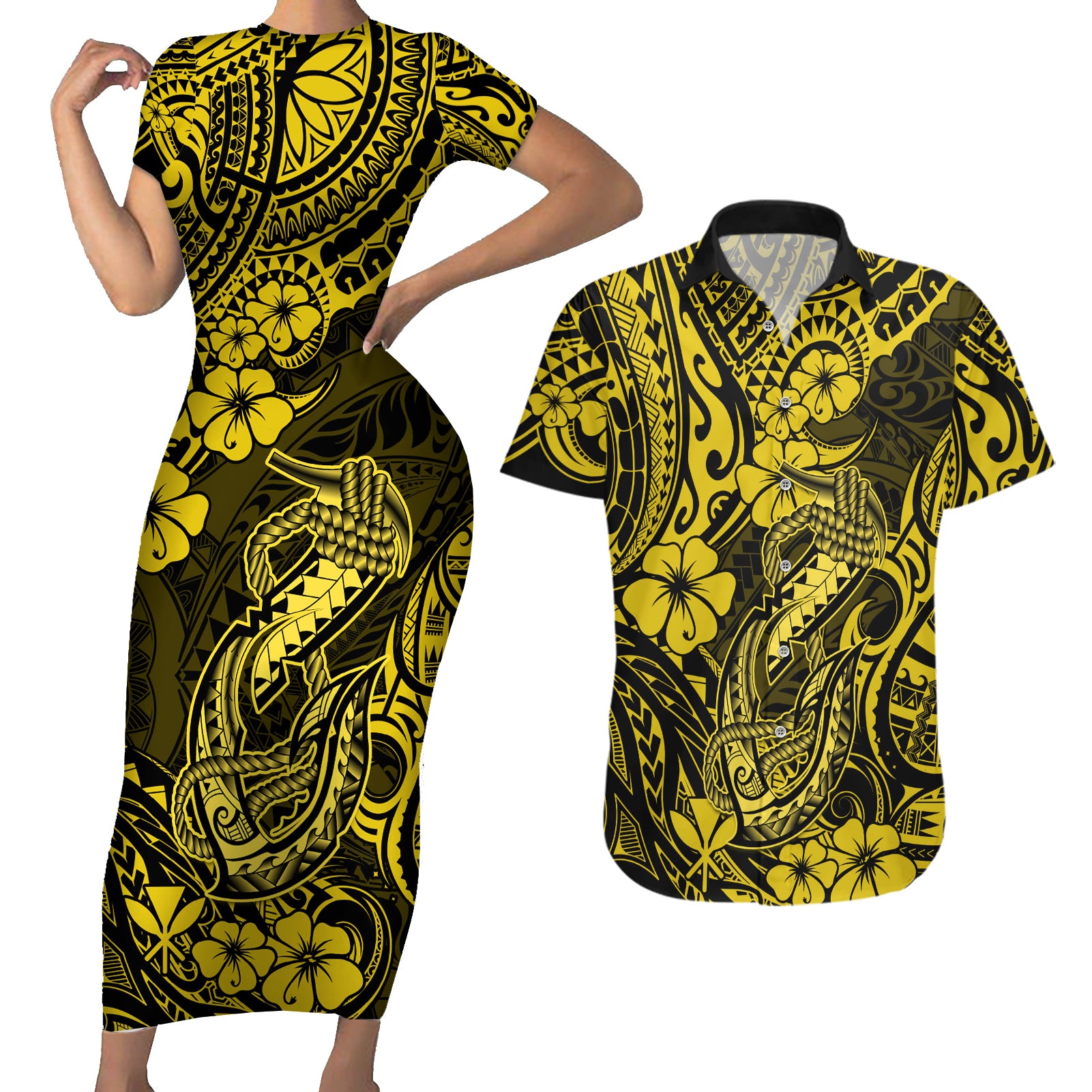 Hawaii Fish Hook Couples Matching Short Sleeve Bodycon Dress and Hawaiian Shirt Hibiscus Hawaii Tribal Tattoo Yellow Version LT01 Yellow - Polynesian Pride