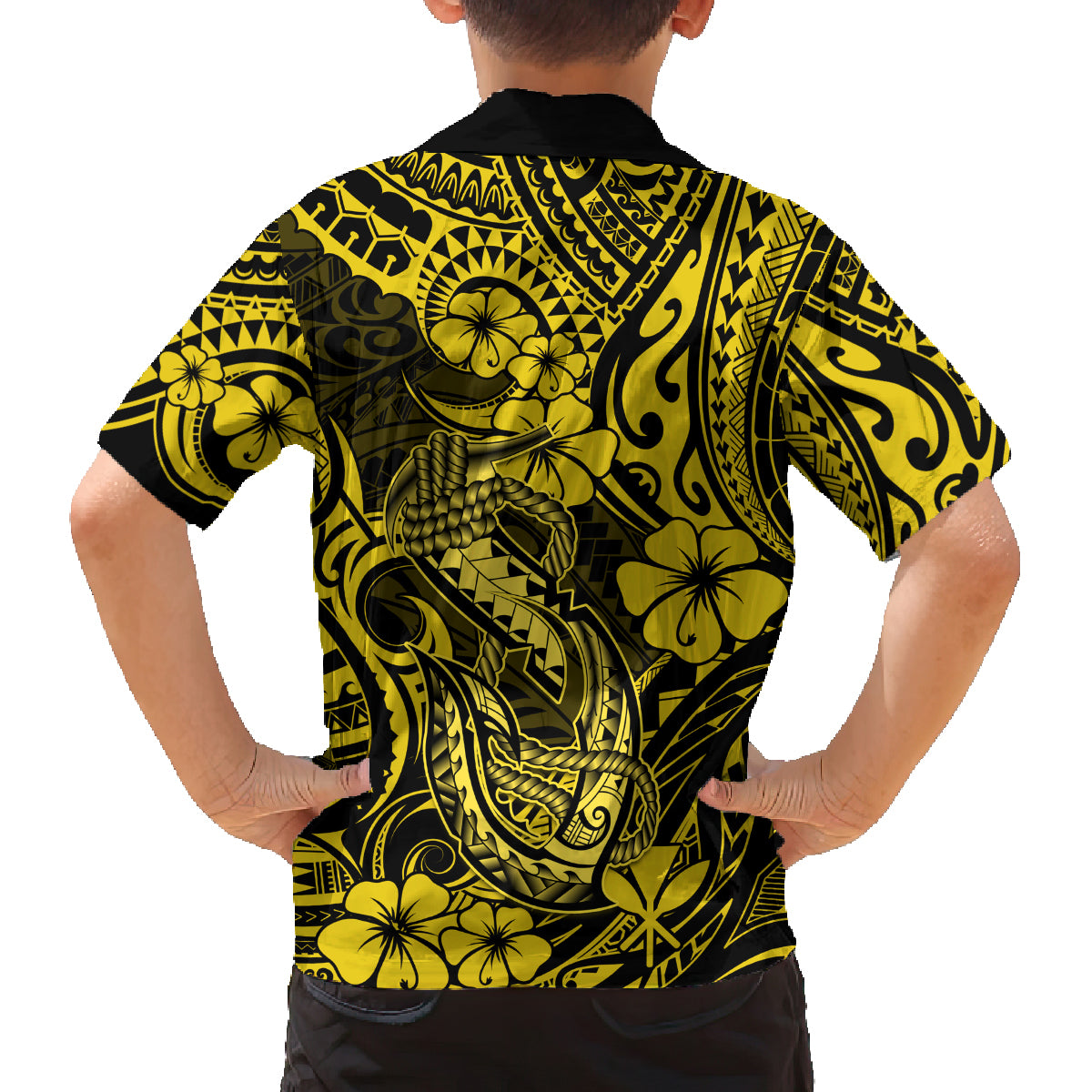 Hawaii Fish Hook Family Matching Off Shoulder Long Sleeve Dress and Hawaiian Shirt Hibiscus Hawaii Tribal Tattoo Yellow Version LT01 - Polynesian Pride