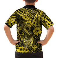 Hawaii Fish Hook Family Matching Off Shoulder Long Sleeve Dress and Hawaiian Shirt Hibiscus Hawaii Tribal Tattoo Yellow Version LT01 - Polynesian Pride