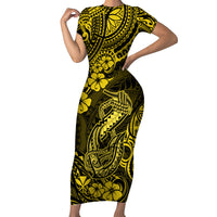 Hawaii Fish Hook Family Matching Short Sleeve Bodycon Dress and Hawaiian Shirt Hibiscus Hawaii Tribal Tattoo Yellow Version LT01 Mom's Dress Yellow - Polynesian Pride