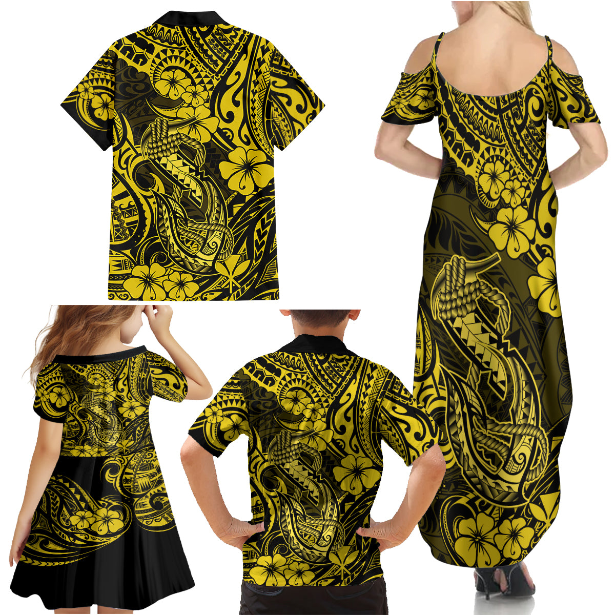Hawaii Fish Hook Family Matching Summer Maxi Dress and Hawaiian Shirt Hibiscus Hawaii Tribal Tattoo Yellow Version LT01 - Polynesian Pride