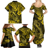 Hawaii Fish Hook Family Matching Summer Maxi Dress and Hawaiian Shirt Hibiscus Hawaii Tribal Tattoo Yellow Version LT01 - Polynesian Pride