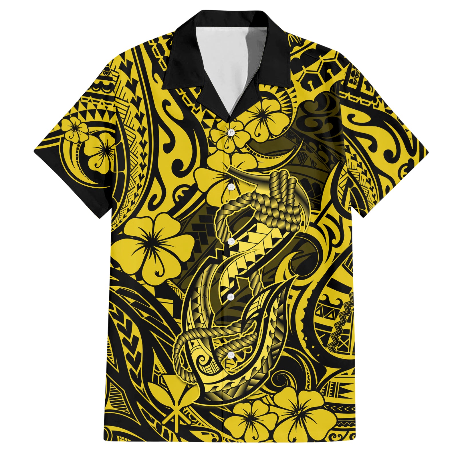 Hawaii Fish Hook Hawaiian Shirt Hibiscus Hawaii Tribal Tattoo Yellow Version LT01 Yellow - Polynesian Pride