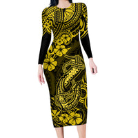 Hawaii Fish Hook Long Sleeve Bodycon Dress Hibiscus Hawaii Tribal Tattoo Yellow Version LT01 Long Dress Yellow - Polynesian Pride