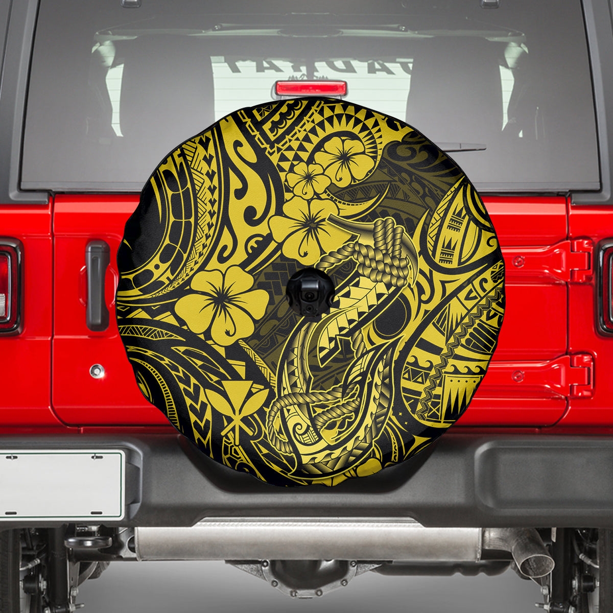 Hawaii Fish Hook Spare Tire Cover Hibiscus Hawaii Tribal Tattoo Yellow Version LT01 - Polynesian Pride