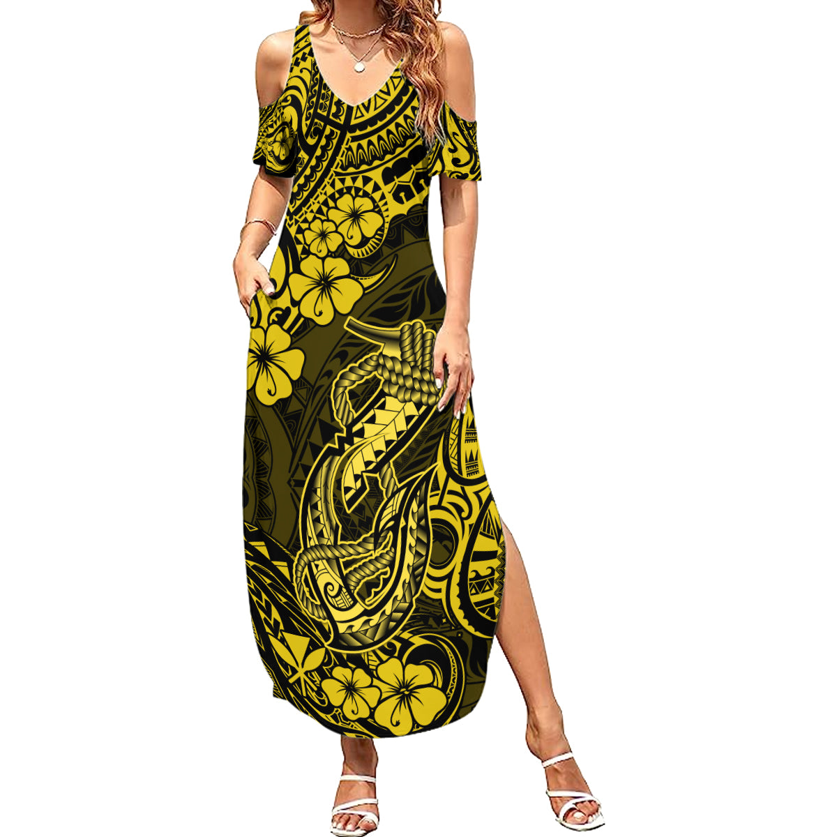 Hawaii Fish Hook Summer Maxi Dress Hibiscus Hawaii Tribal Tattoo Yellow Version LT01 Women Yellow - Polynesian Pride