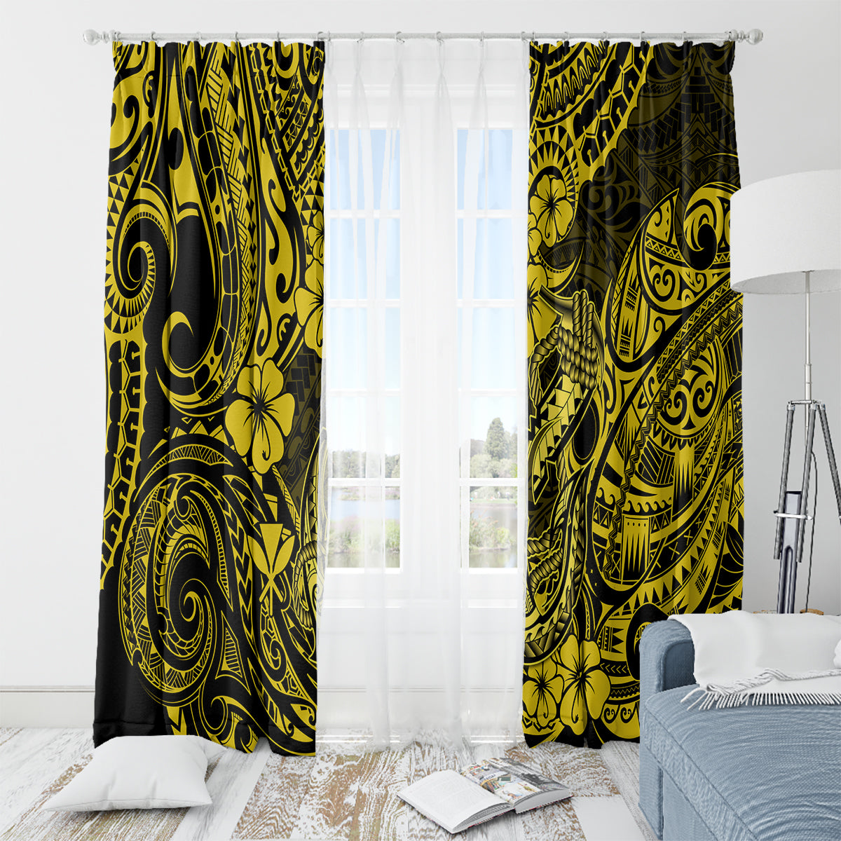 Hawaii Fish Hook Window Curtain Hibiscus Hawaii Tribal Tattoo Yellow Version LT01 - Polynesian Pride