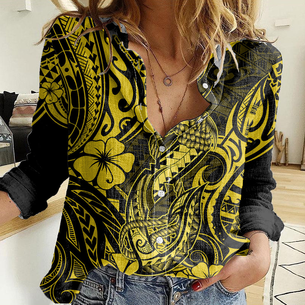 Hawaii Fish Hook Women Casual Shirt Hibiscus Hawaii Tribal Tattoo Yellow Version LT01 Female Yellow - Polynesian Pride