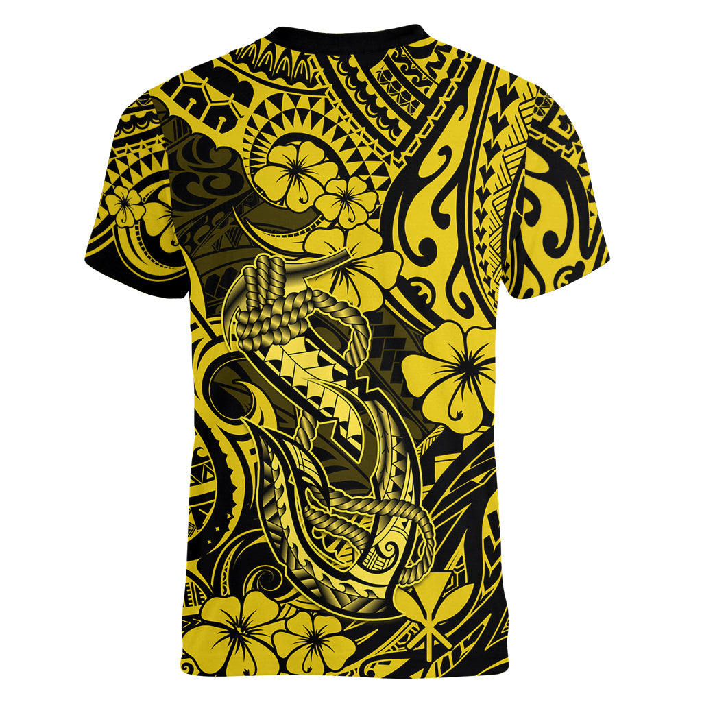 Hawaii Fish Hook Women V Neck T Shirt Hibiscus Hawaii Tribal Tattoo Yellow Version LT01 - Polynesian Pride