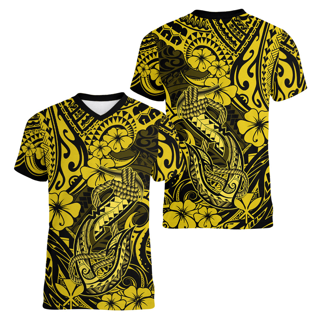 Hawaii Fish Hook Women V Neck T Shirt Hibiscus Hawaii Tribal Tattoo Yellow Version LT01 - Polynesian Pride