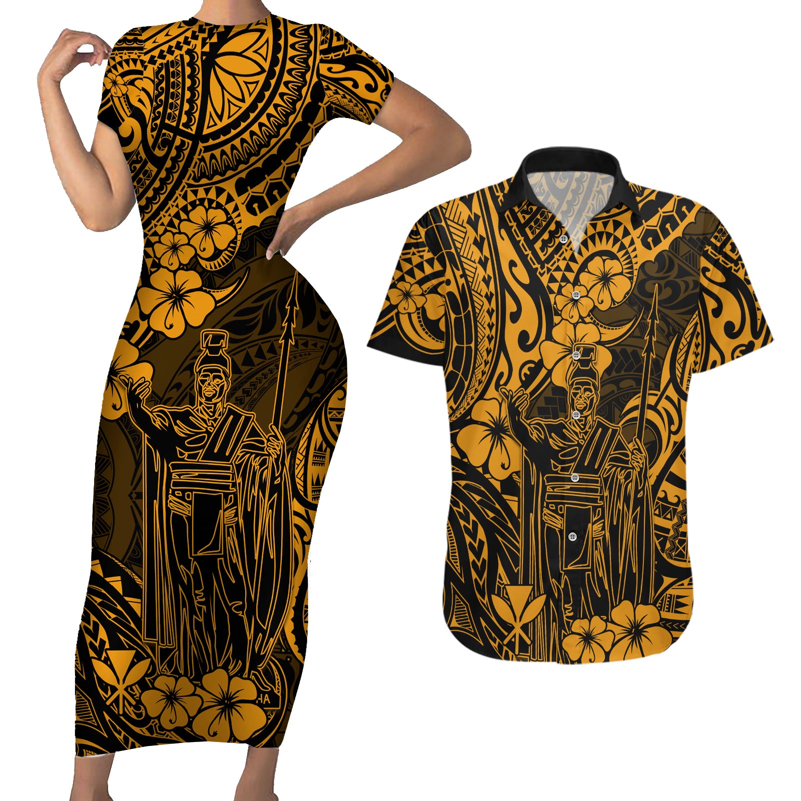 Hawaii King Kamehameha Couples Matching Short Sleeve Bodycon Dress and Hawaiian Shirt Polynesian Pattern Gold Version LT01 Gold - Polynesian Pride