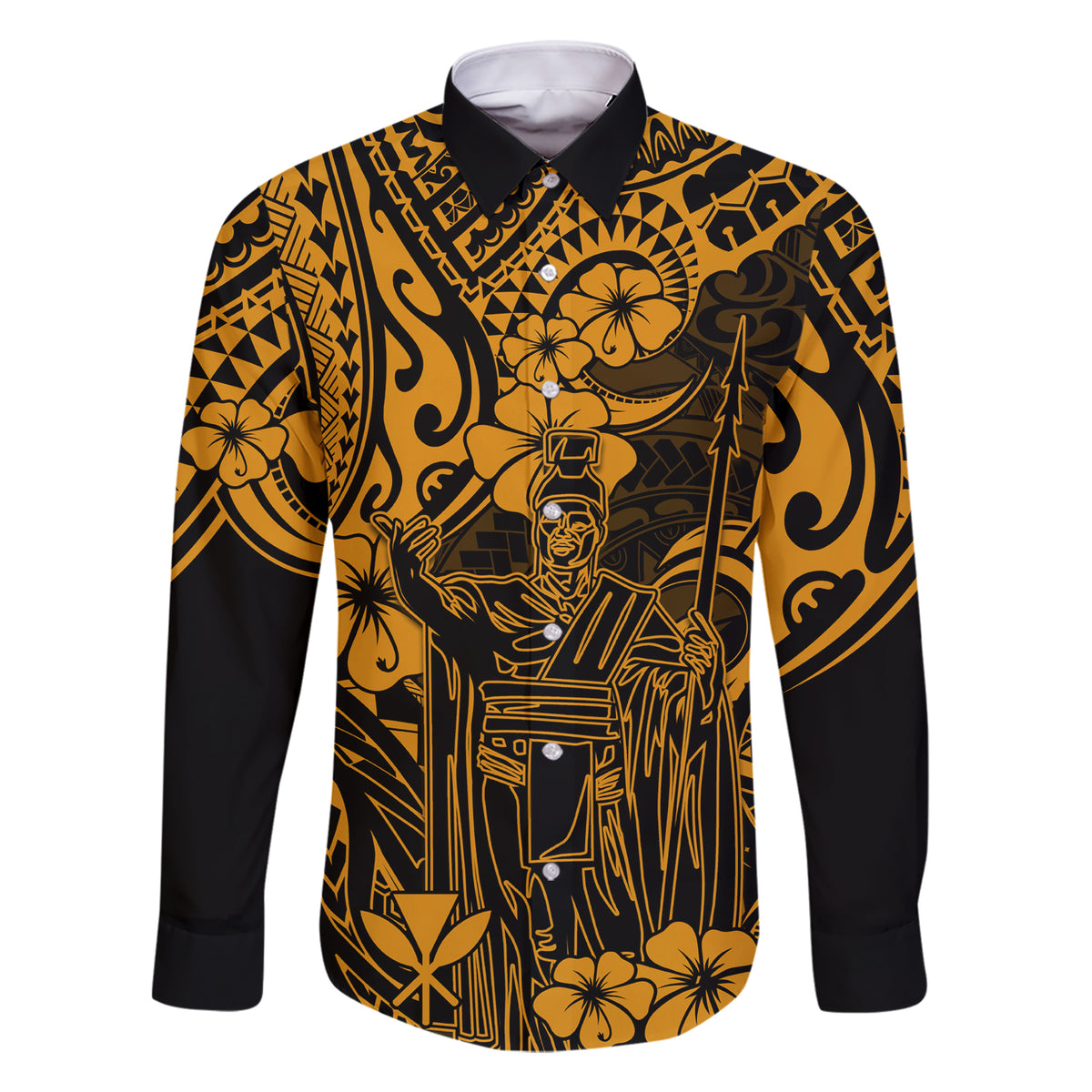 Hawaii King Kamehameha Family Matching Short Sleeve Bodycon Dress and Hawaiian Shirt Polynesian Pattern Gold Version LT01 Dad's Shirt - Long Sleeve Gold - Polynesian Pride