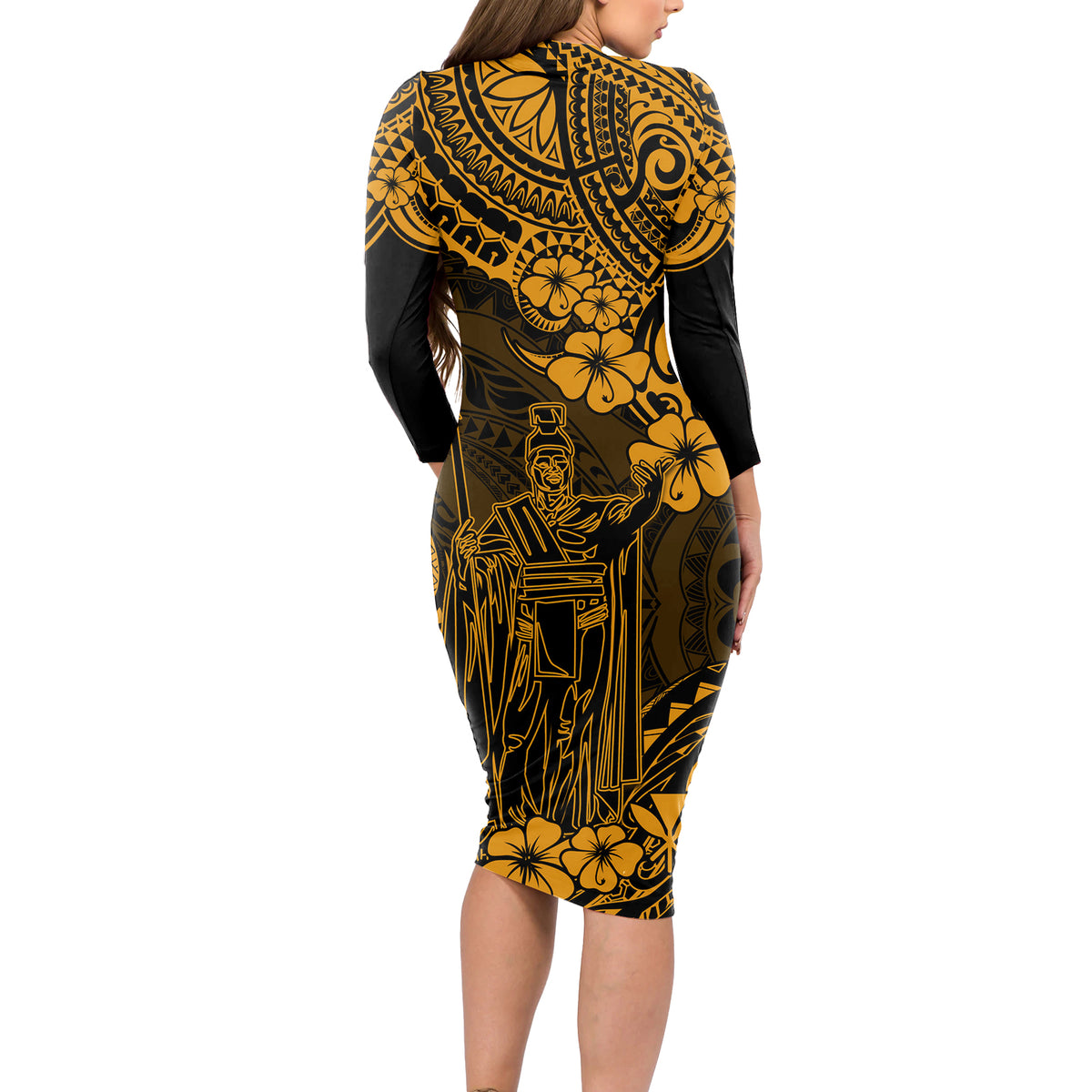 Hawaii King Kamehameha Long Sleeve Bodycon Dress Polynesian Pattern Gold Version LT01 - Polynesian Pride