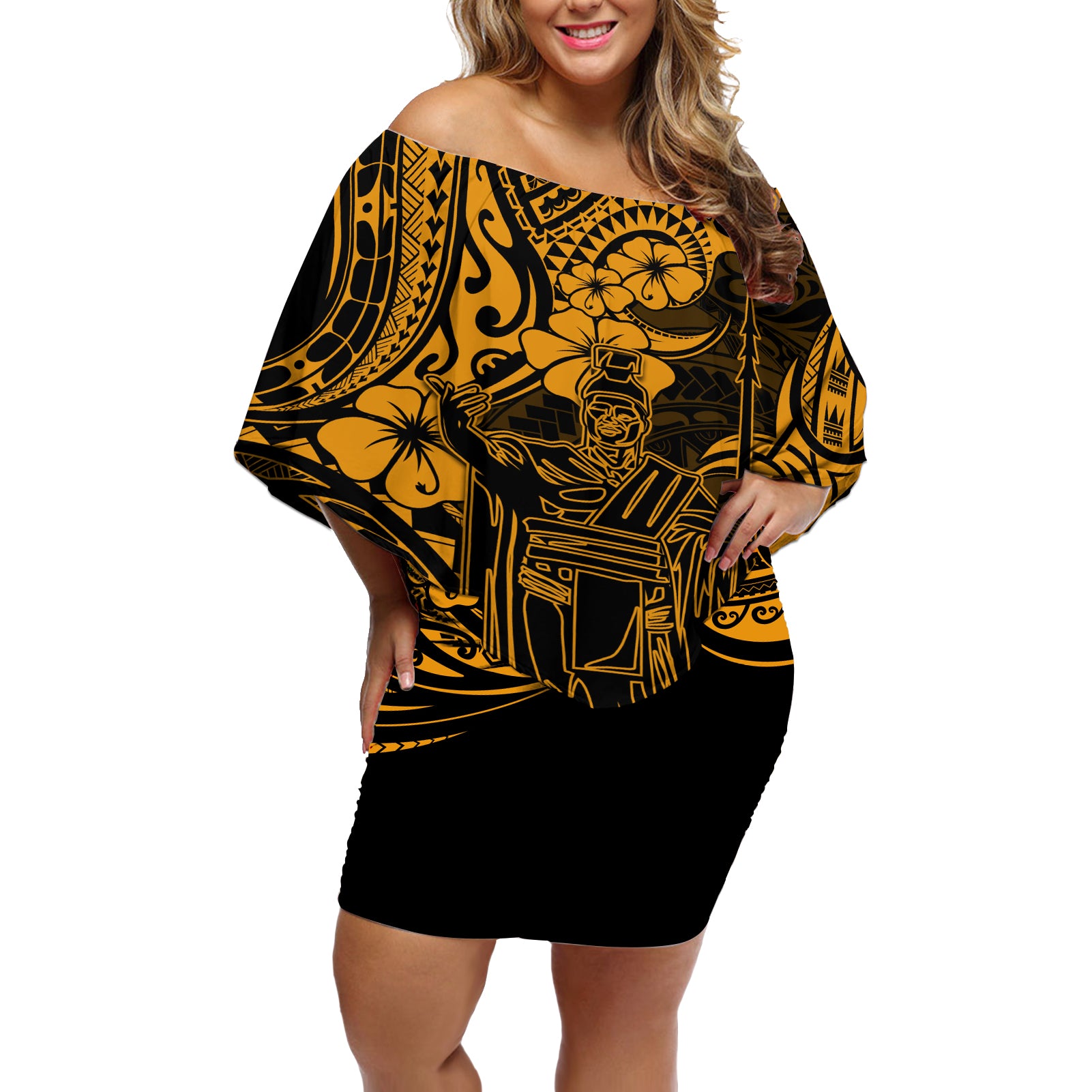 Hawaii King Kamehameha Off Shoulder Short Dress Polynesian Pattern Gold Version LT01 Women Gold - Polynesian Pride