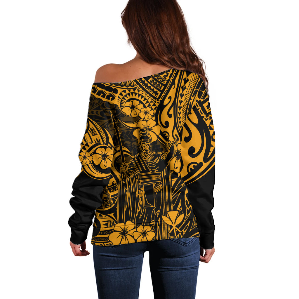 Hawaii King Kamehameha Off Shoulder Sweater Polynesian Pattern Gold Version LT01 - Polynesian Pride