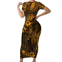 Hawaii King Kamehameha Short Sleeve Bodycon Dress Polynesian Pattern Gold Version LT01 Long Dress Gold - Polynesian Pride