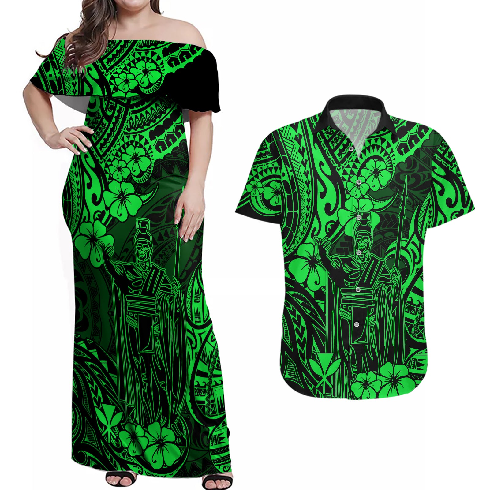 Hawaii King Kamehameha Couples Matching Off Shoulder Maxi Dress and Hawaiian Shirt Polynesian Pattern Green Version LT01 Green - Polynesian Pride