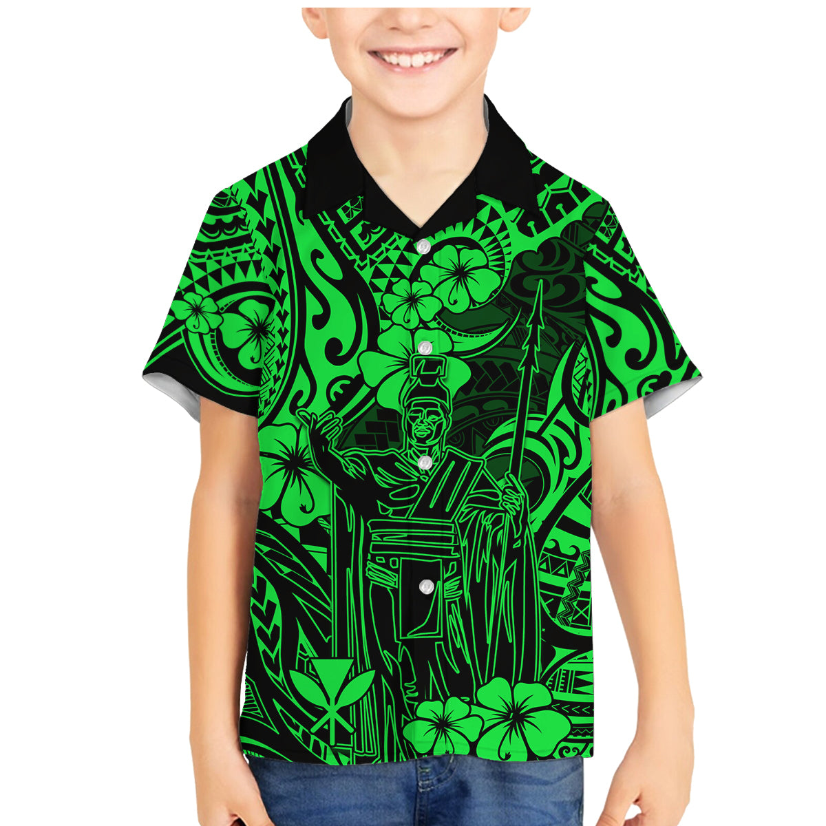 Hawaii King Kamehameha Family Matching Mermaid Dress and Hawaiian Shirt Polynesian Pattern Green Version LT01 Son's Shirt Green - Polynesian Pride