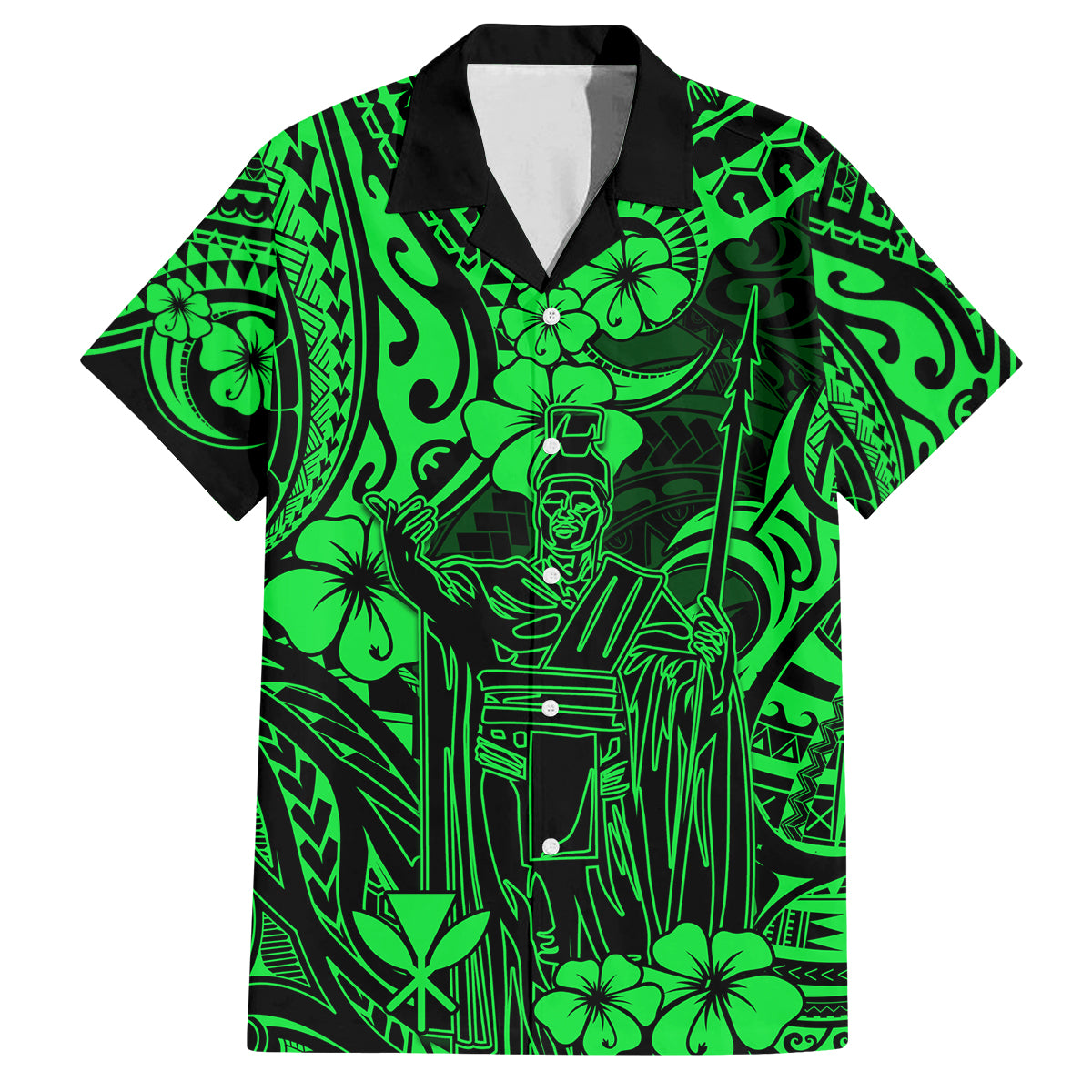 Hawaii King Kamehameha Family Matching Off Shoulder Maxi Dress and Hawaiian Shirt Polynesian Pattern Green Version LT01 Dad's Shirt - Short Sleeve Green - Polynesian Pride