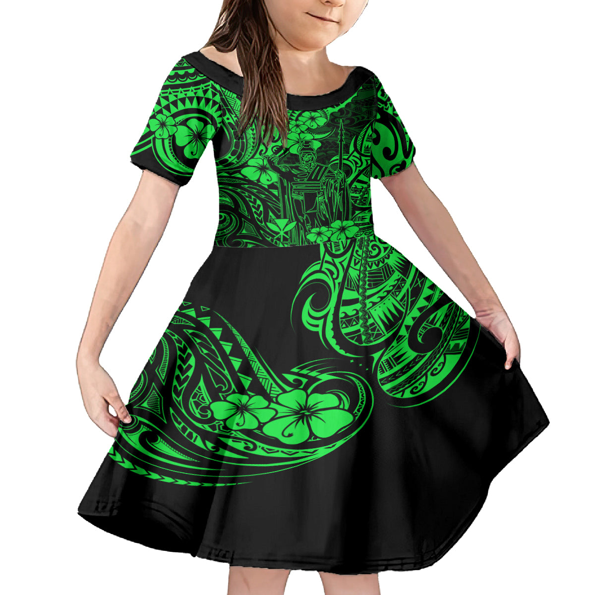 Hawaii King Kamehameha Family Matching Summer Maxi Dress and Hawaiian Shirt Polynesian Pattern Green Version LT01 Daughter's Dress Green - Polynesian Pride