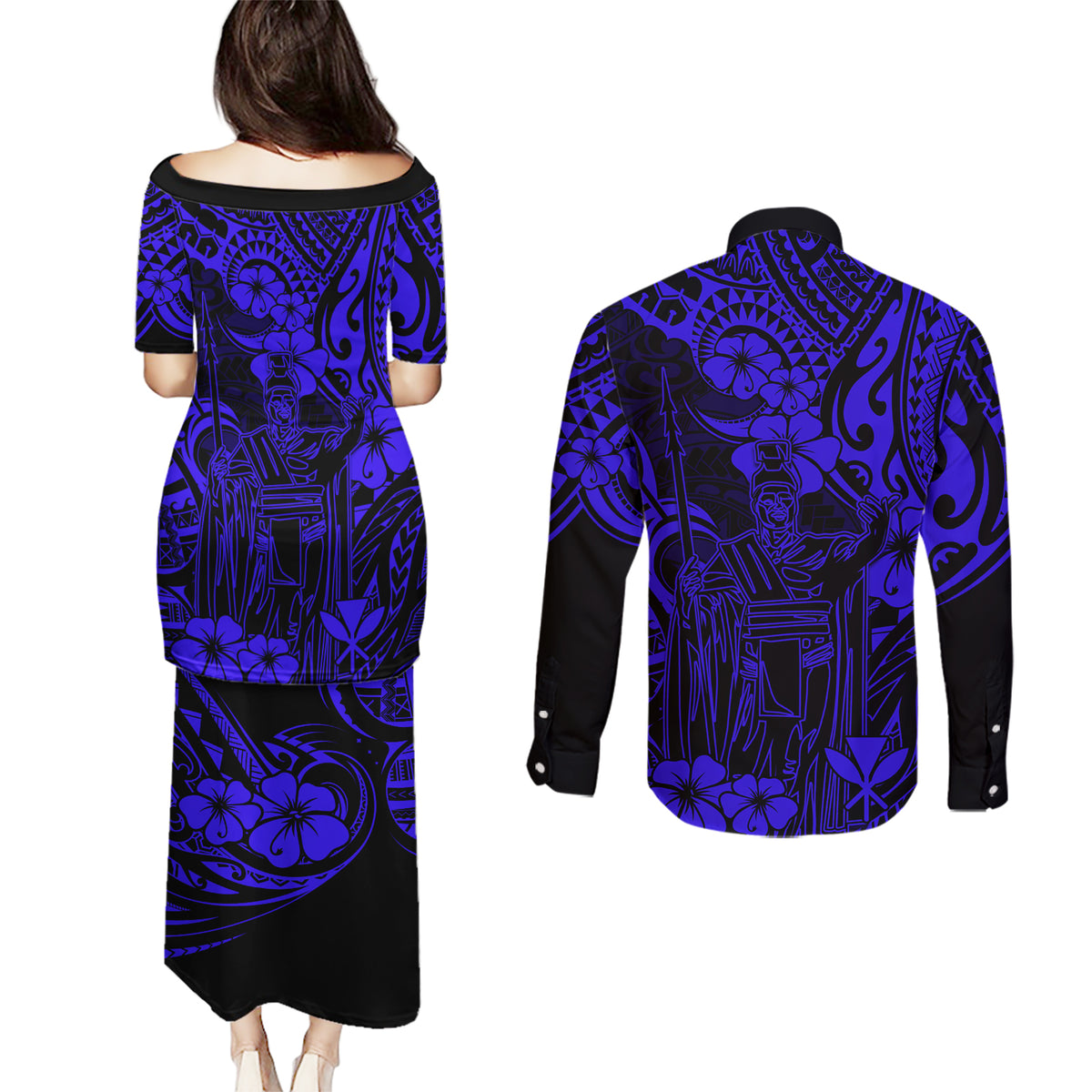 Hawaii King Kamehameha Couples Matching Puletasi Dress and Long Sleeve Button Shirts Polynesian Pattern Navy Blue Version LT01 - Polynesian Pride