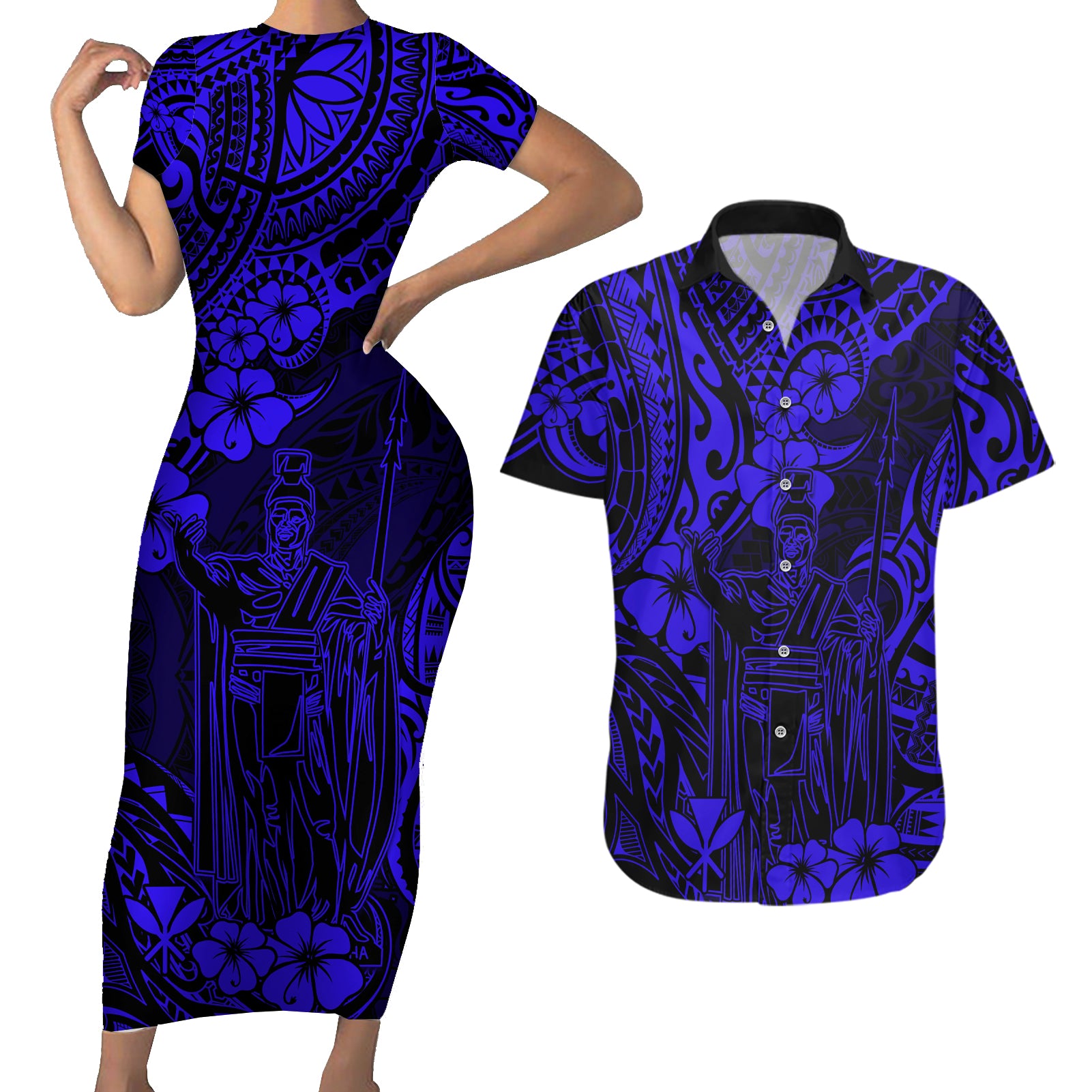 Hawaii King Kamehameha Couples Matching Short Sleeve Bodycon Dress and Hawaiian Shirt Polynesian Pattern Navy Blue Version LT01 Blue - Polynesian Pride