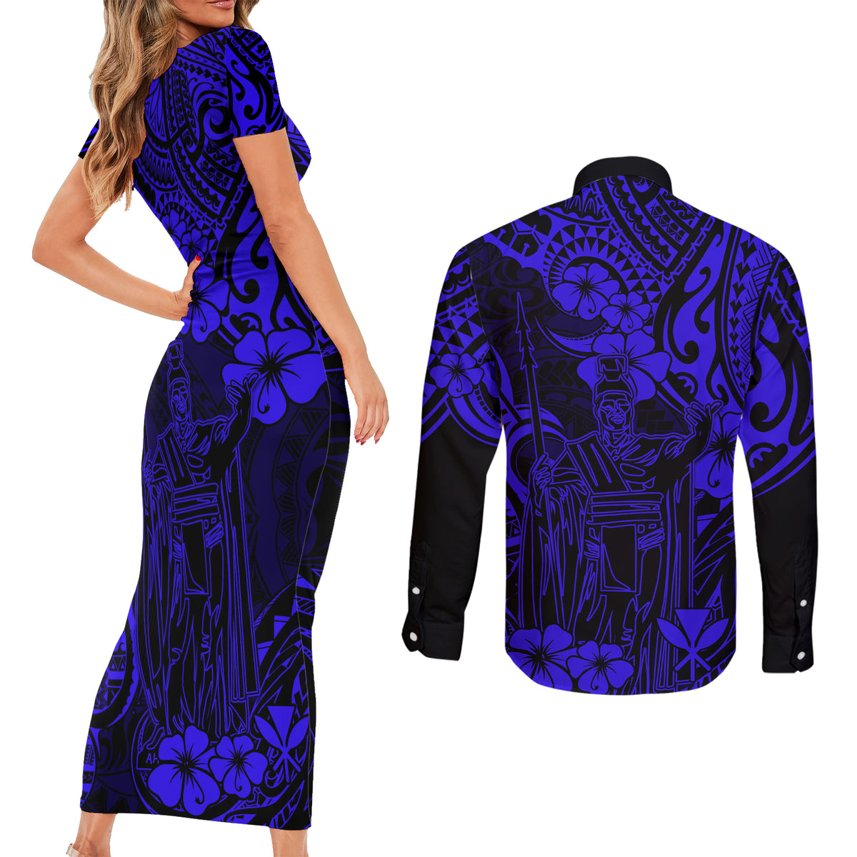 Hawaii King Kamehameha Couples Matching Short Sleeve Bodycon Dress and Long Sleeve Button Shirts Polynesian Pattern Navy Blue Version LT01 - Polynesian Pride