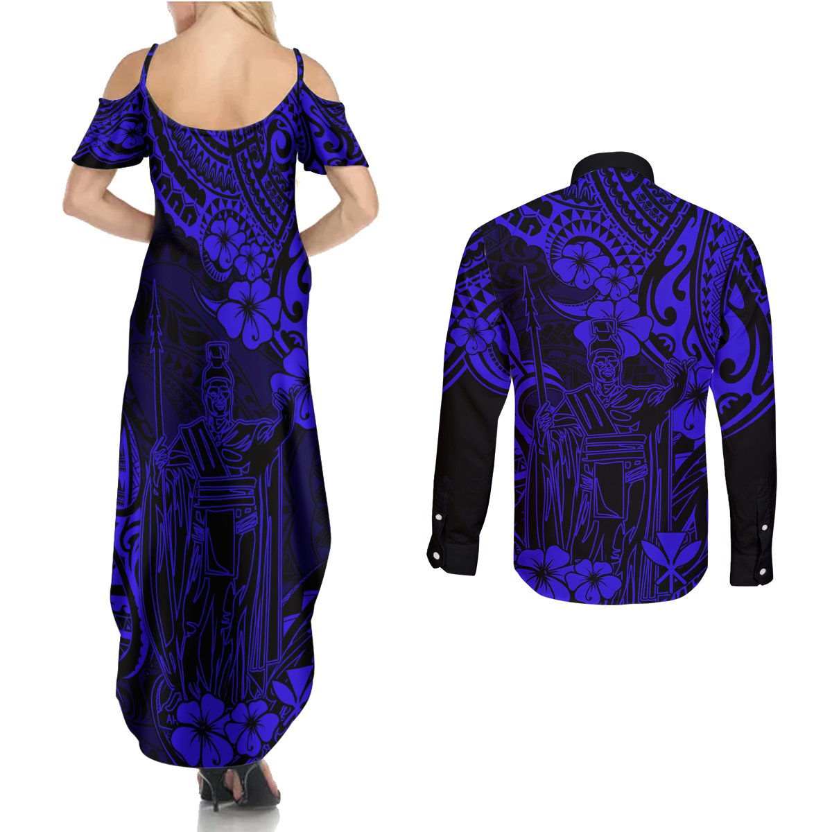 Hawaii King Kamehameha Couples Matching Summer Maxi Dress and Long Sleeve Button Shirts Polynesian Pattern Navy Blue Version LT01 - Polynesian Pride