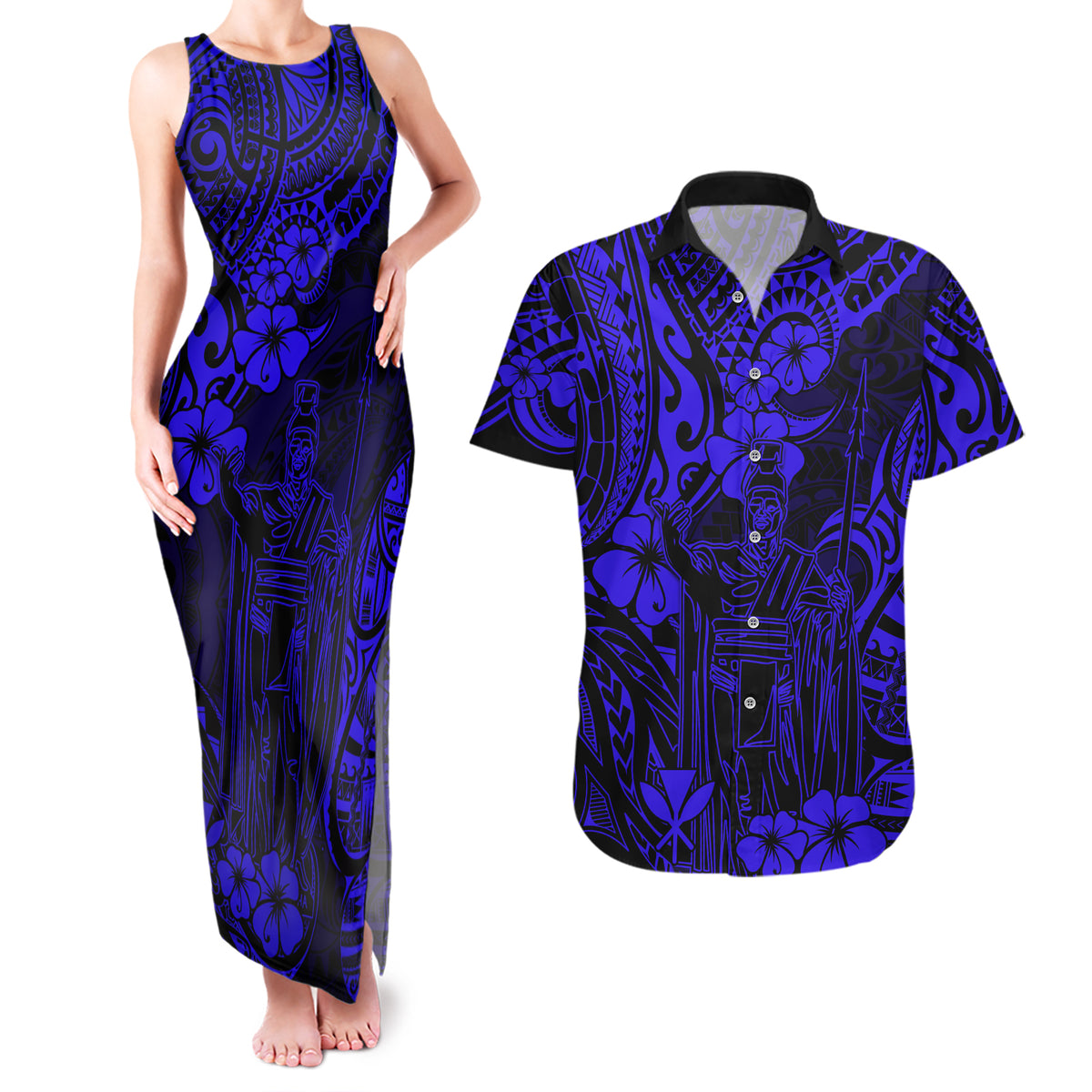 Hawaii King Kamehameha Couples Matching Tank Maxi Dress and Hawaiian Shirt Polynesian Pattern Navy Blue Version LT01 Blue - Polynesian Pride