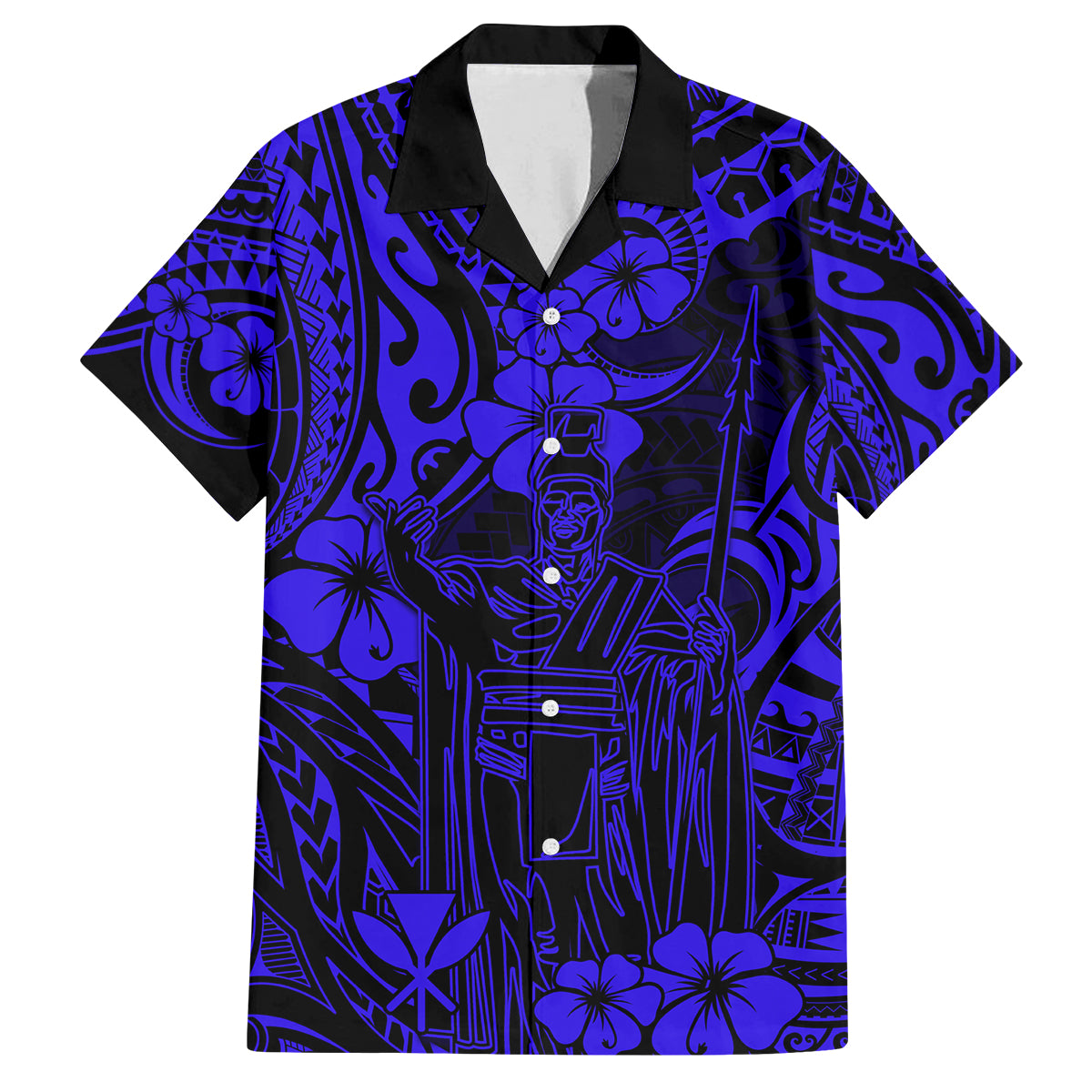 Hawaii King Kamehameha Family Matching Off Shoulder Short Dress and Hawaiian Shirt Polynesian Pattern Navy Blue Version LT01 Dad's Shirt - Short Sleeve Blue - Polynesian Pride