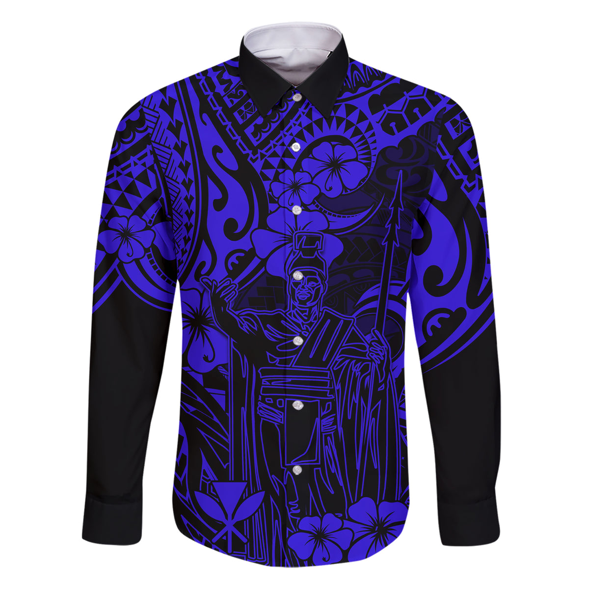 Hawaii King Kamehameha Family Matching Short Sleeve Bodycon Dress and Hawaiian Shirt Polynesian Pattern Navy Blue Version LT01 Dad's Shirt - Long Sleeve Blue - Polynesian Pride