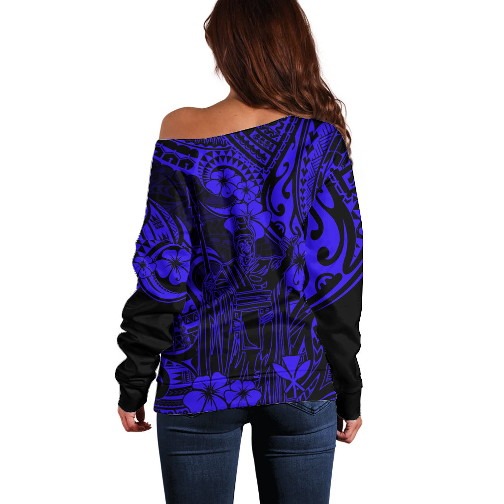 Hawaii King Kamehameha Off Shoulder Sweater Polynesian Pattern Navy Blue Version LT01 - Polynesian Pride